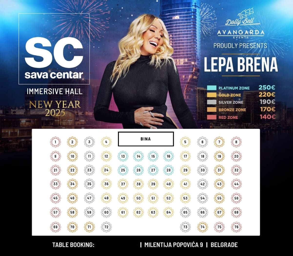 Raspored stolova u Sava centru za doček uz Lepu Brenu